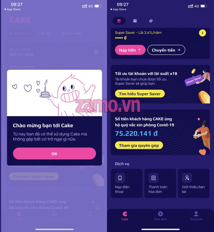 Giao diện ứng dụng ngân hàng số cake